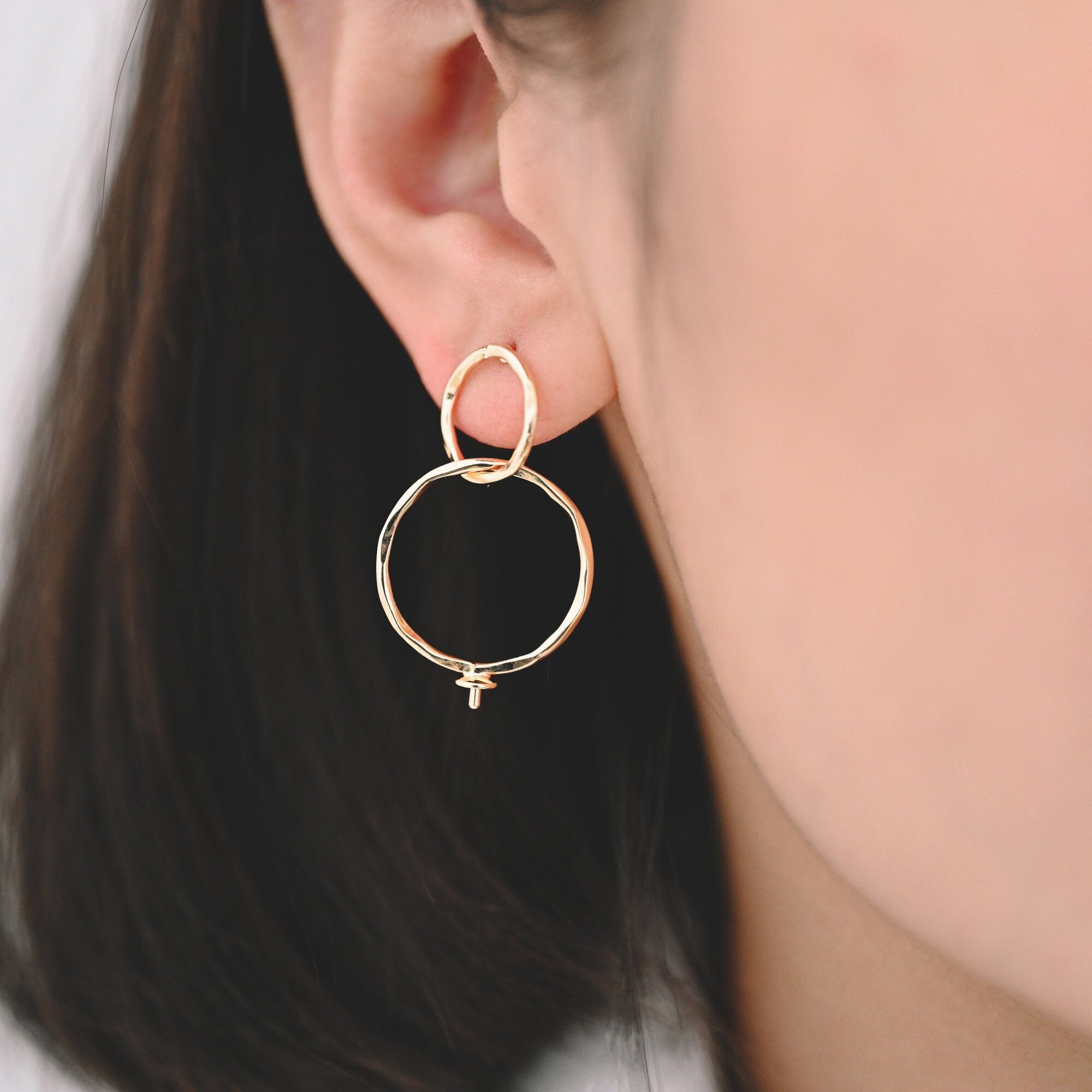 4pcs Interlocking Earring Studs, Linkage Circle Earring, Pearl Earring Mounts, Half Drilled Pearls Earring Settings (GB-3751)